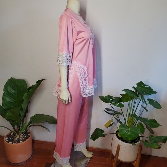 Vintage 60s Pajamas Set Pants Lace Pink - Picture 3 of 9